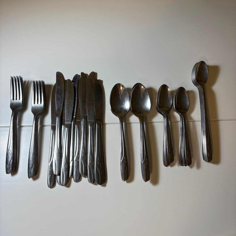 Vintage Thor Starlet Stainless USA 56 Pc Flatware Set Atomic Starburst MCM